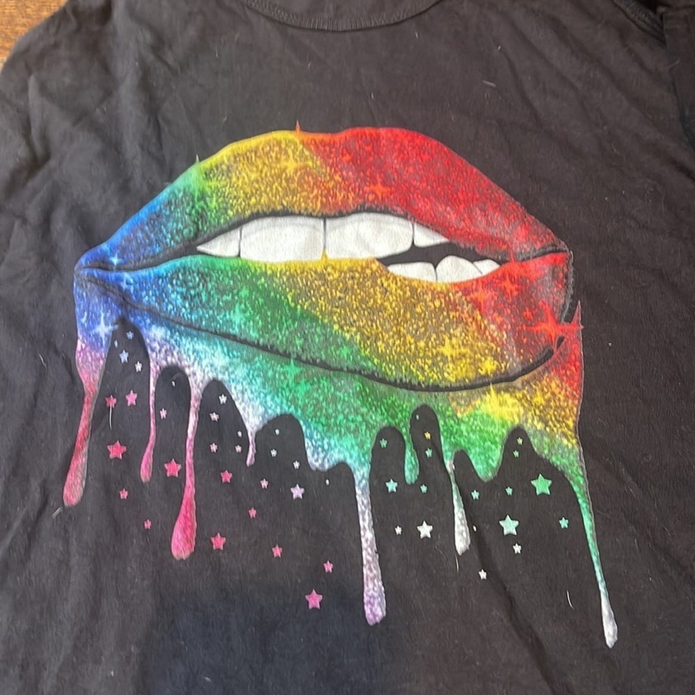 Two black shirts with lips/tongue. Used. - Picture 2 of 8